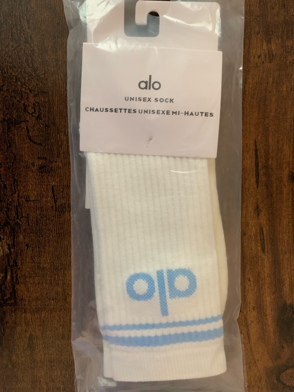 ALO Yoga White Crew Socks with Light Blue Logo and Stripes